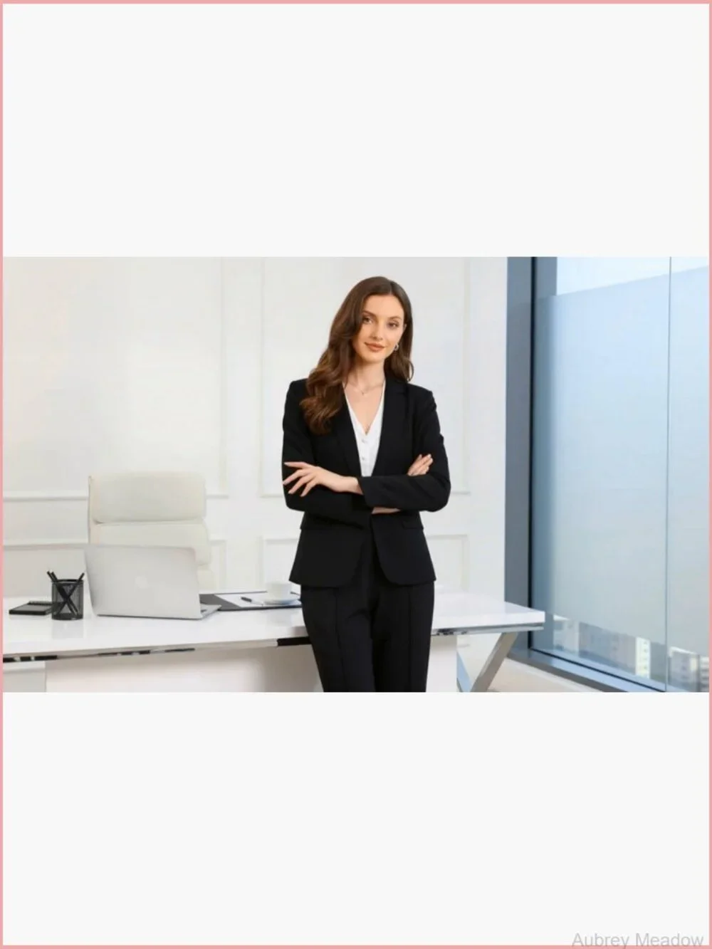One-Button Blazer with Pockets & Shoulder Pads for Office Work